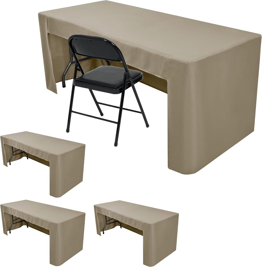 HolidayIdeas 4 Pack 8ft Fitted Tablecloths Taupe Open Back Vendor Booth Covers